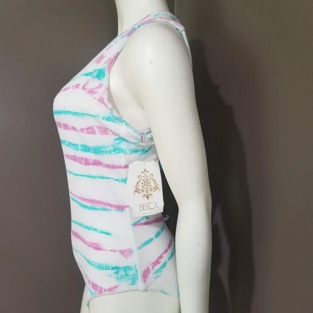BECCA Iconic Asymmetric Ribbed Tie-Dye One-Piece Swimsuit - Picture 3 of 13